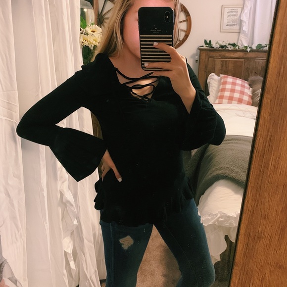 Altar'd State Tops - Altered State // Black Long Sleeve Cross Tie Top